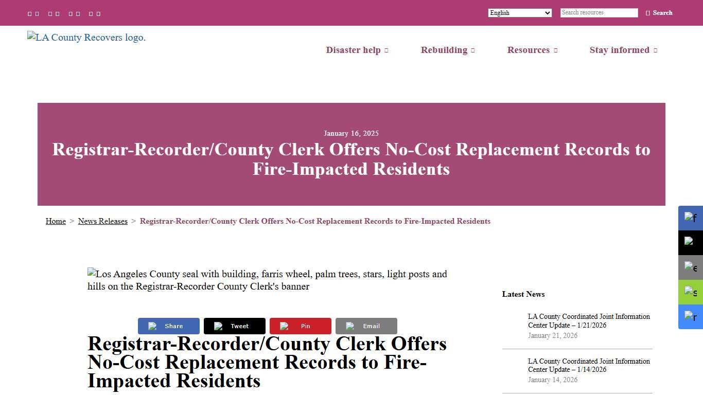 Registrar-Recorder/County Clerk Offers No-Cost Replacement Records to Fire-Impacted Residents – LA County Recovers